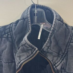 Free People Distressed Quilted Black Short Coat